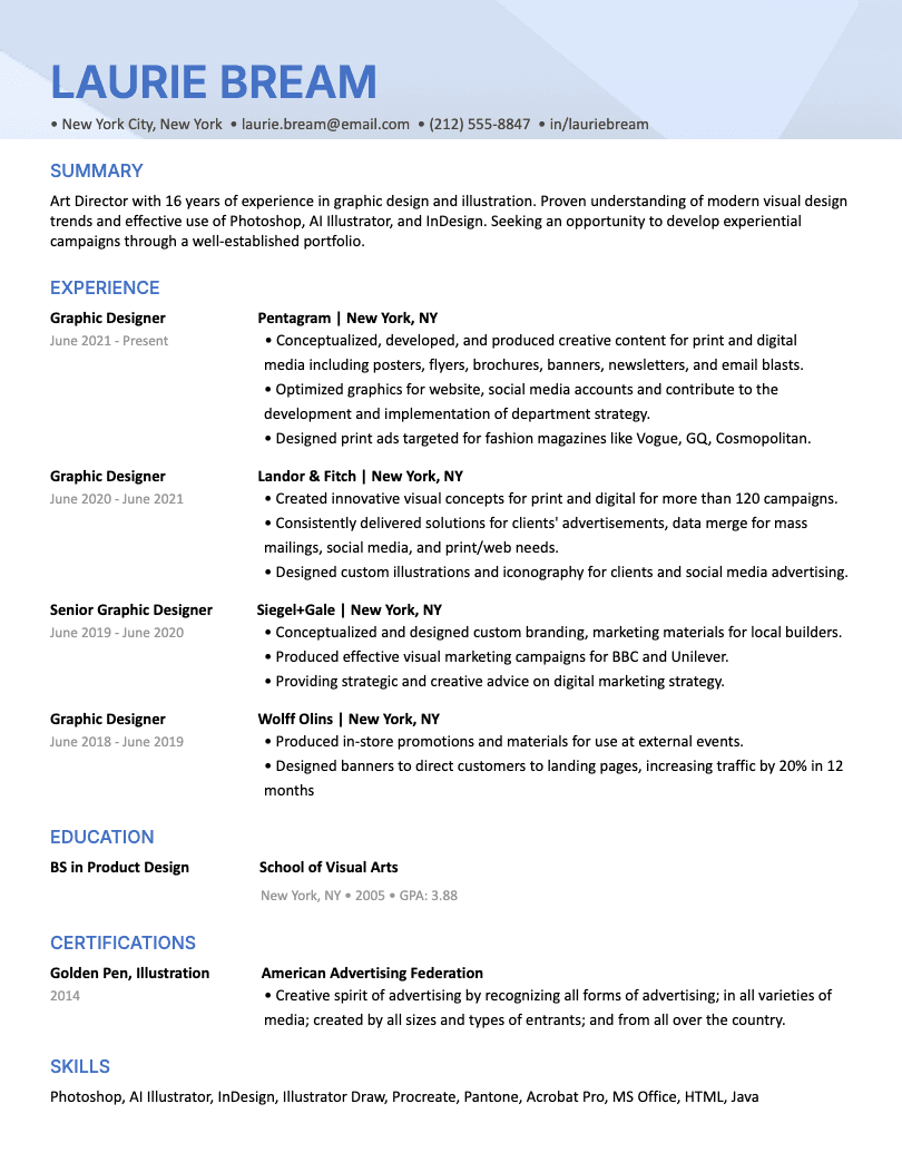 Image of an ATS-friendly creative resume template with header