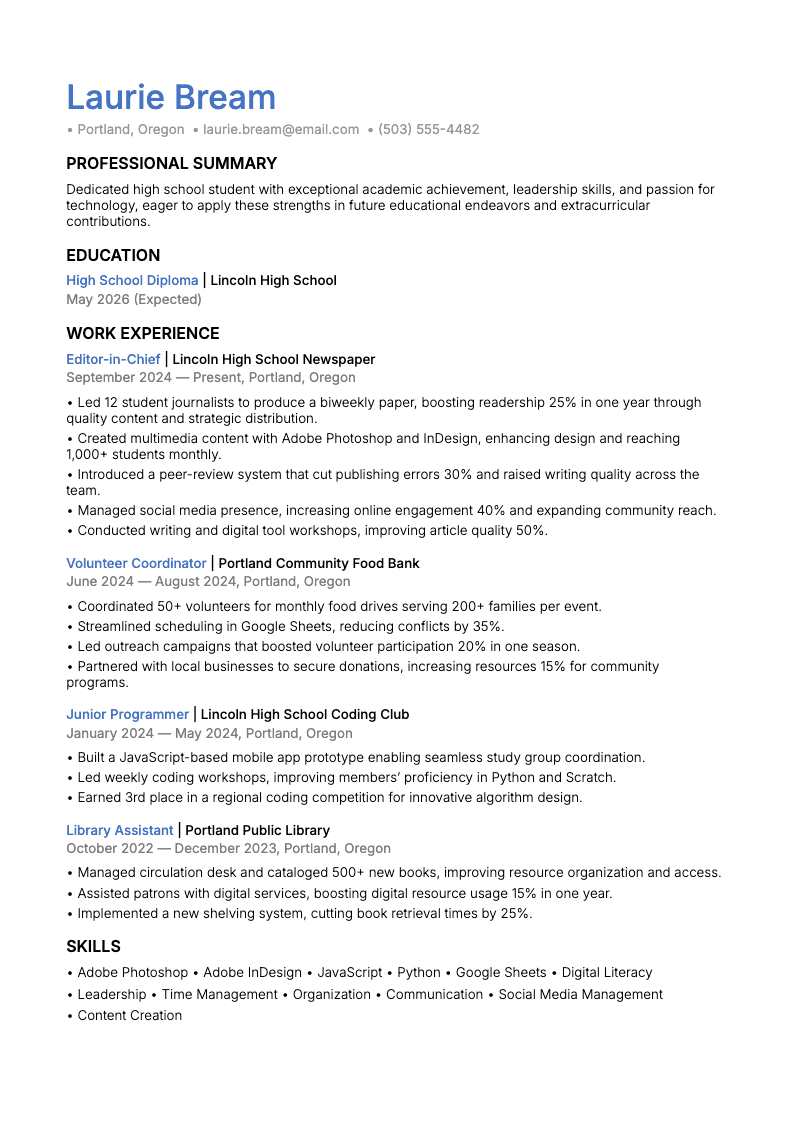 Image showing an ATS-friendly resume template example for high school students