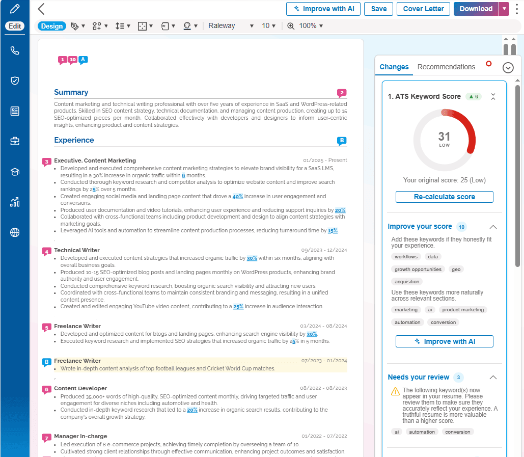 Upplai resume builder showing AI-suggested edits with plain-language explanations