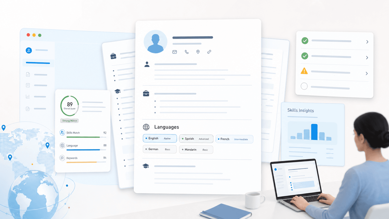 Resume language section with proficiency chips, global location motifs, and skills insight panels.