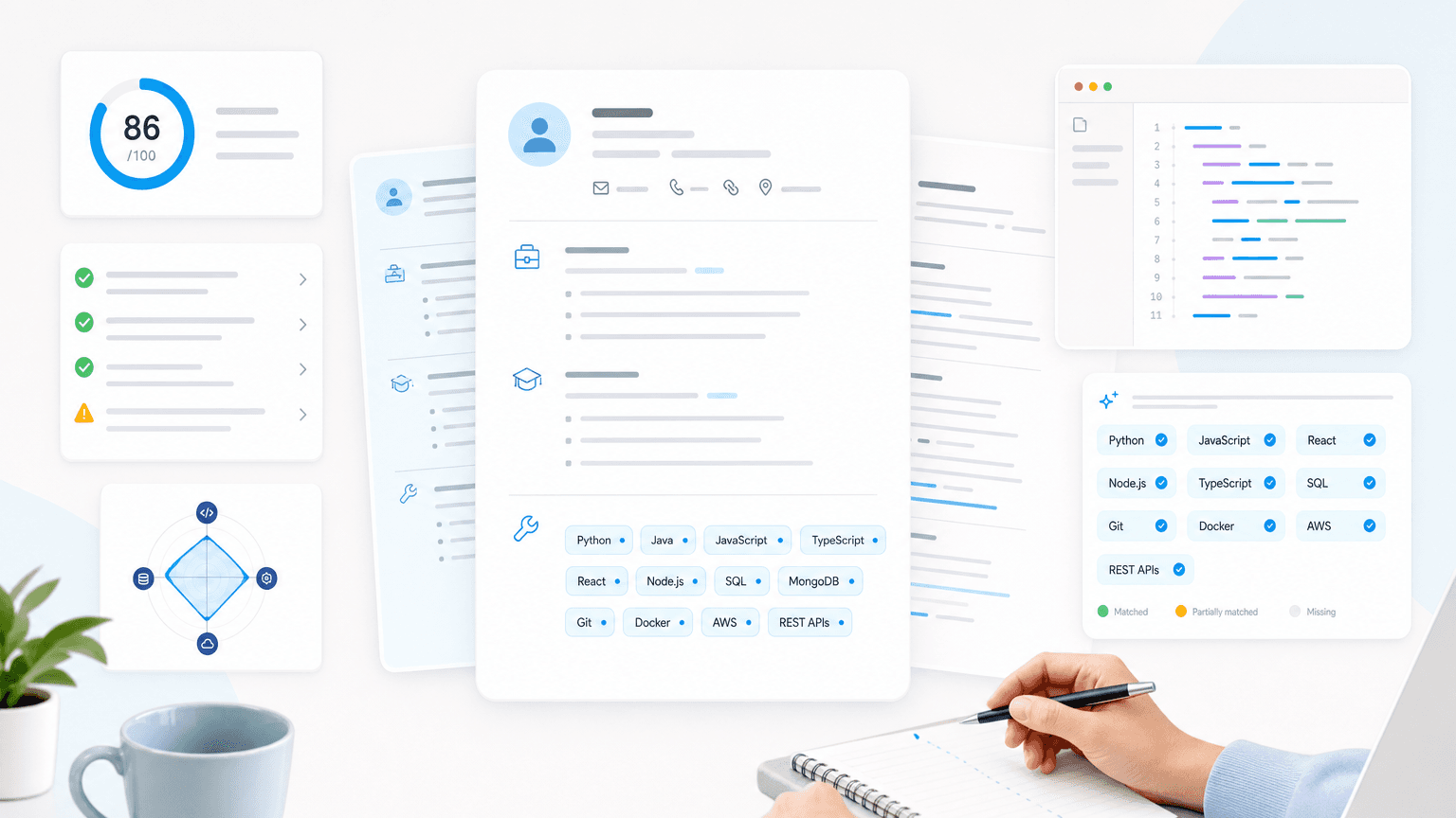 Software resume skills section with programming keyword chips, code panel, and technical match cards.