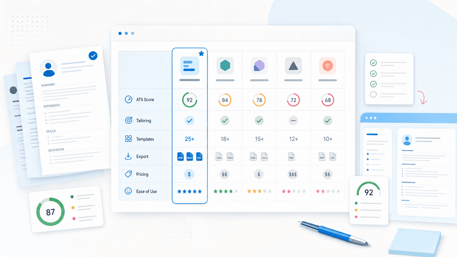 Comparison dashboard showing resume tool alternatives scored across ATS score, tailoring, templates, export, pricing, and ease of use.