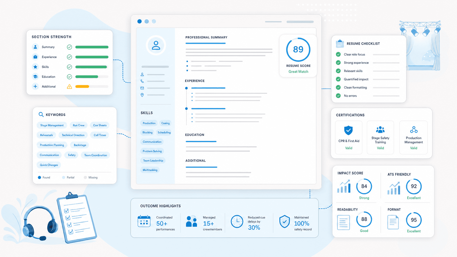 Stage Manager Resume: How to Write One That Works cover image showing a clean resume dashboard with certification cards, skills chips, outcome metrics, checklist modules.