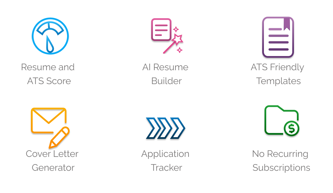 Image showing upplai features like (1) resume score and ats score, (2) AI resume builder, (3) ATS friendly templates, (4) AI cover letter generator, (5) free job application tracker, and (6) no subscription fees