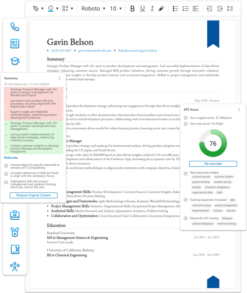 Image showing Upplai's resume builder, with change summary and ATS score calculator