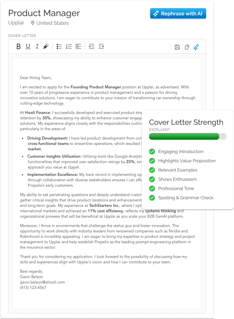 Image showing Upplai's AI Cover Letter Generator with cover letter scoring