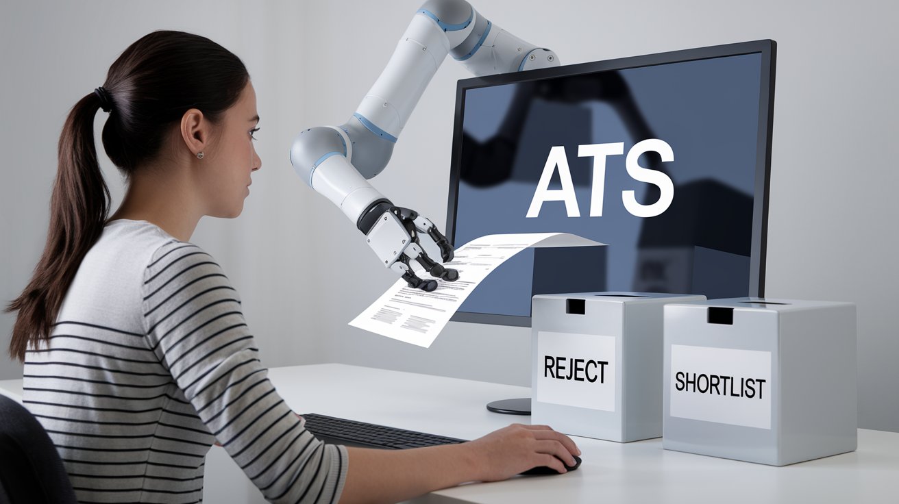 Image of an ATS, represented by a robotic arm, sorting resumes into shortlist and rejected piles