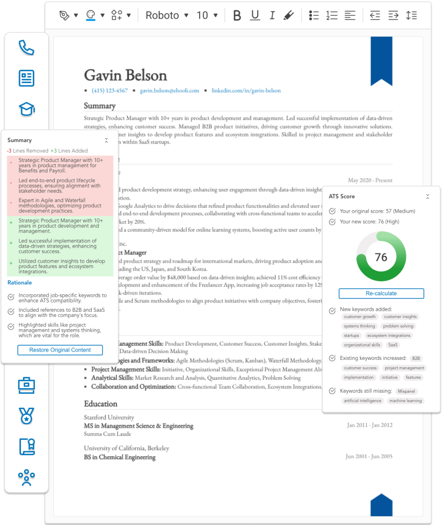 Image showing Upplai's resume builder, with AI change summary, 1-click approval, and ATS score calculator