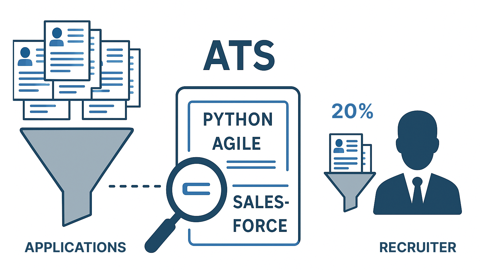 Illustration showing an ATS funnel with 100 resumes entering at the top and only 20 resumes coming out of the funnel for recruiter review