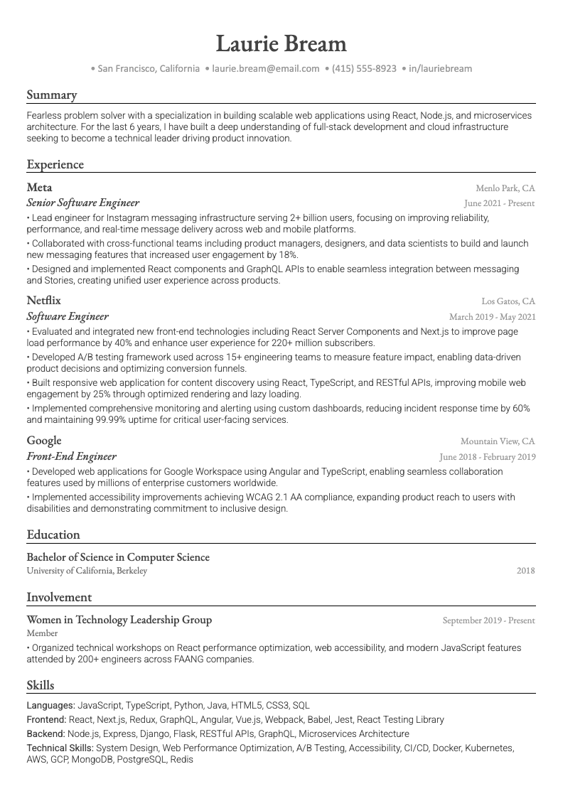Image of an ATS-friendly FAANG resume template example