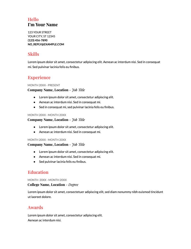Image showing a built-in resume template in Google Docs