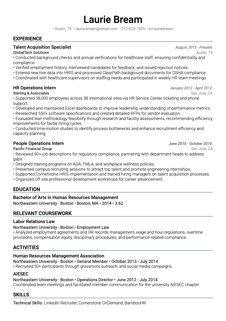 Image of an ATS-friendly HR resume template example