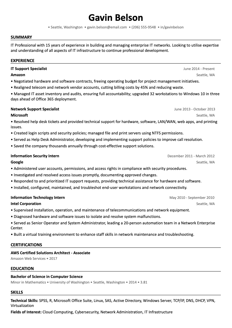 Image of an ATS-friendly IT resume template example