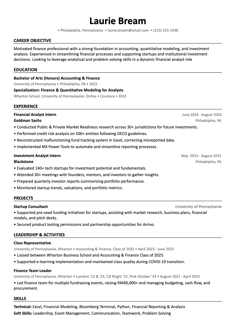 Image showing an ATS-friendly resume template example for candidates with no prior work experience