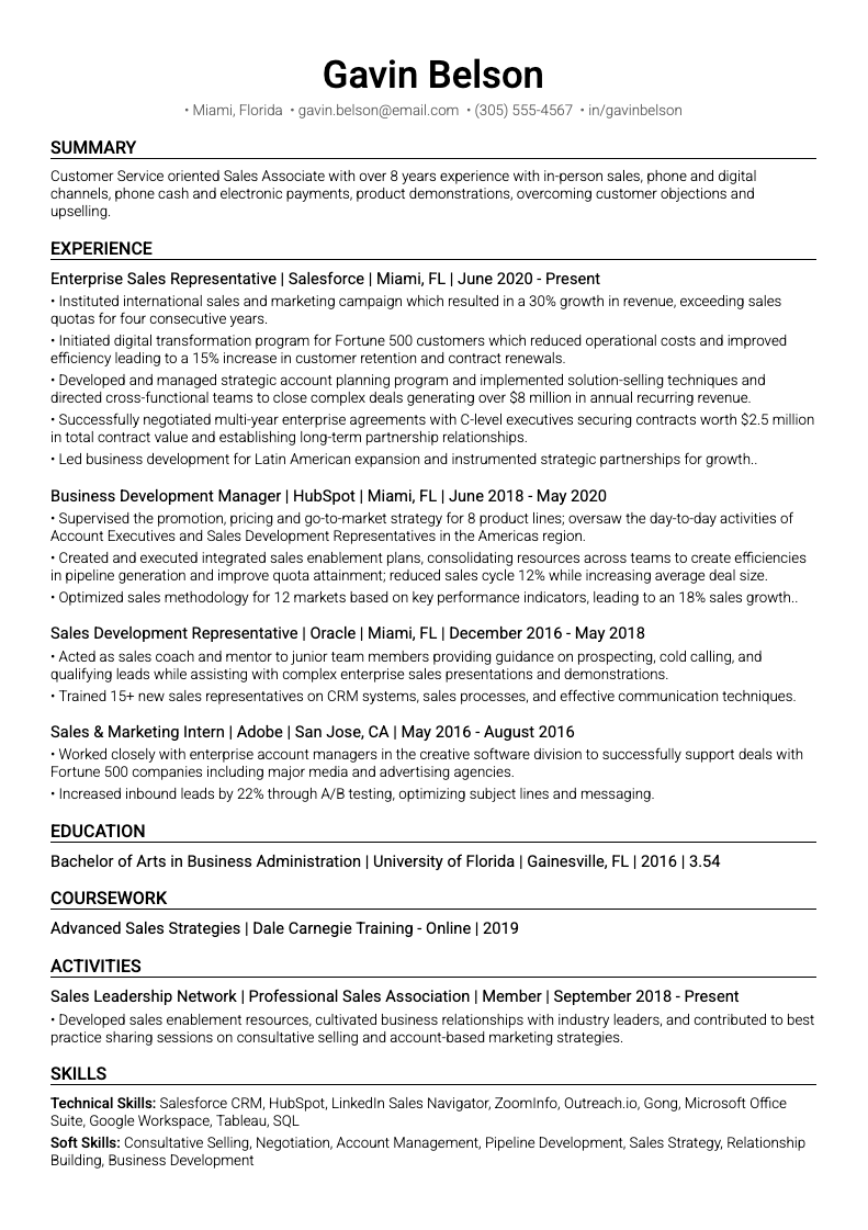 Image of an ATS-friendly sales resume template example