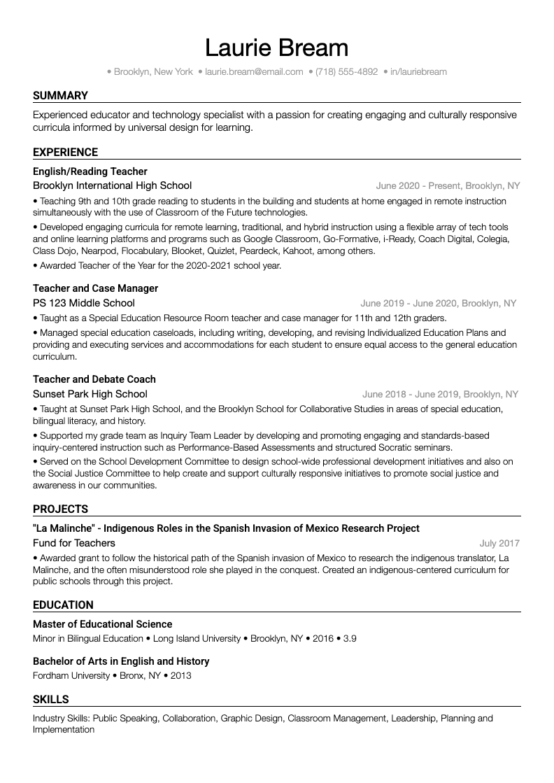 Image of an ATS-friendly resume template example for teachers
