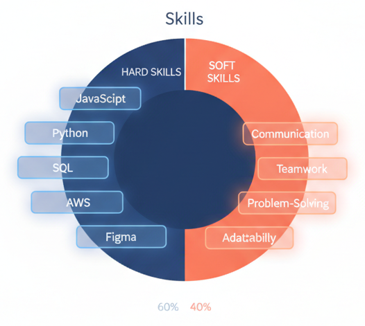 Image showing the recommended 60-40 distribution of hard and soft skills on a resume, along with examples