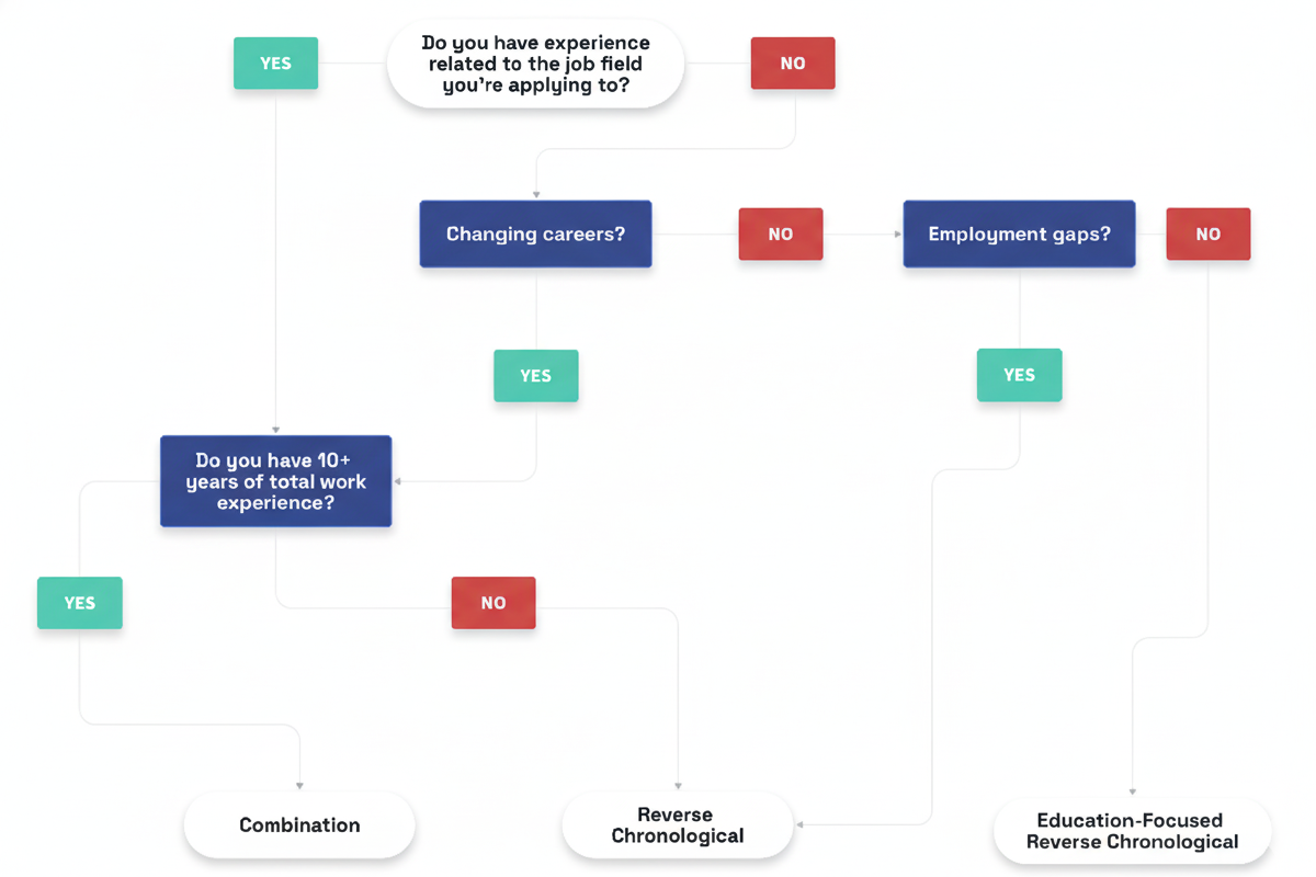 Flow chart outlining the logic for selecting the most appropriate resume format based on one's career level and career change situation