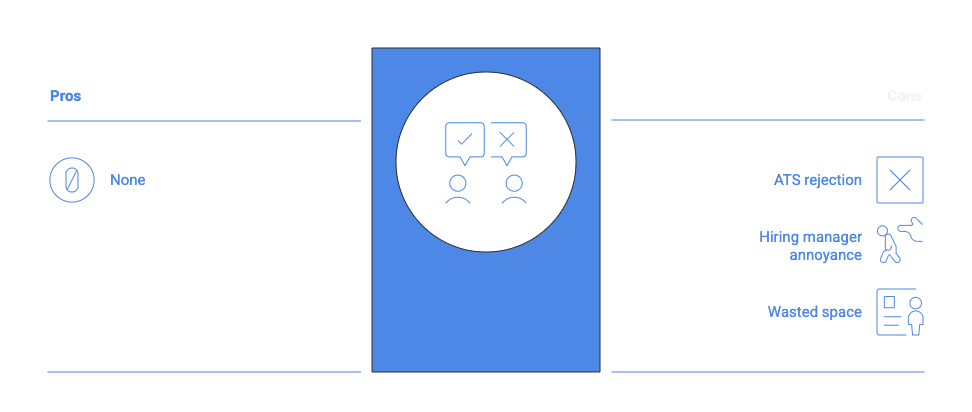A comparison-style infographic showing the pros and cons of using buzzwords on a resume. The layout is split horizontally with &ldquo;Pros&rdquo; on the left and &ldquo;Cons&rdquo; on the right, separated by a tall blue rectangle in the center. In the middle is a circular icon showing two people with speech bubbles&mdash;one with a check mark and one with an X&mdash;representing mixed recruiter reactions. Under the &ldquo;Pros&rdquo; section on the left, the only listed item is &ldquo;None,&rdquo; indicating no real advantages. Under the &ldquo;Cons&rdquo; section on the right, three drawbacks are listed with icons: &ldquo;ATS rejection,&rdquo; &ldquo;Hiring manager annoyance,&rdquo; and &ldquo;Wasted space.&rdquo; The dark background and blue accent color emphasize that buzzwords provide no benefit and can harm resume performance.