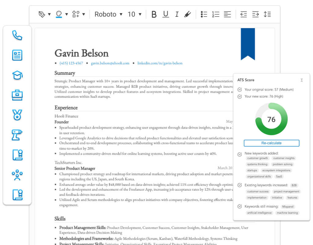 An image of Upplai's resume builder with a built-in ATS scorer
