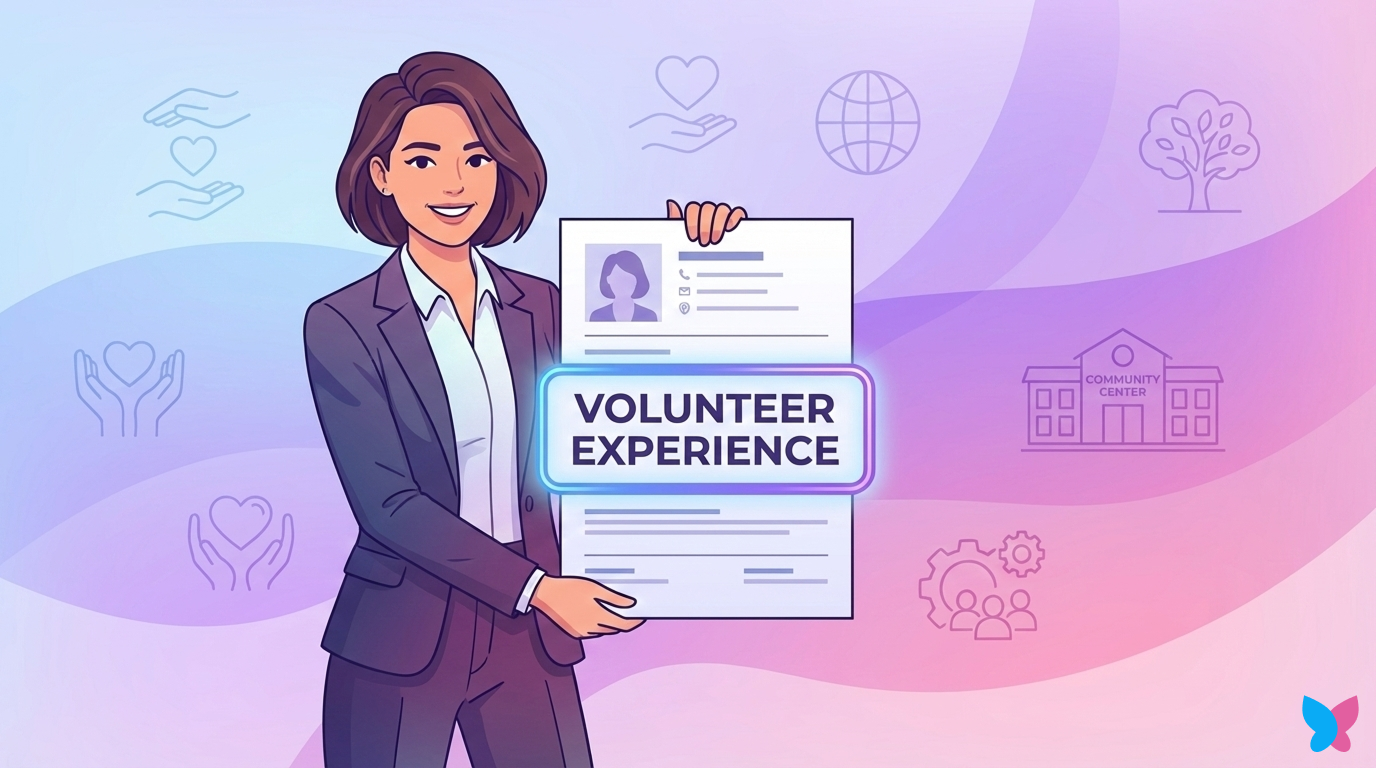 An illustration of a job seeker showing off her resume with her volunteer experience highlighted.