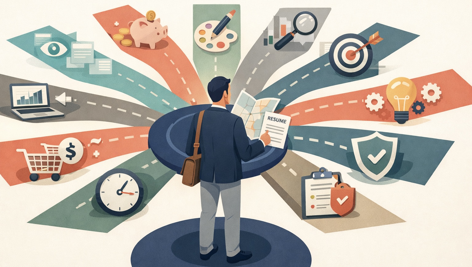 Job seeker reviewing resume with multiple paths representing skills, budgeting, creativity, analytics, and career growth decisions.