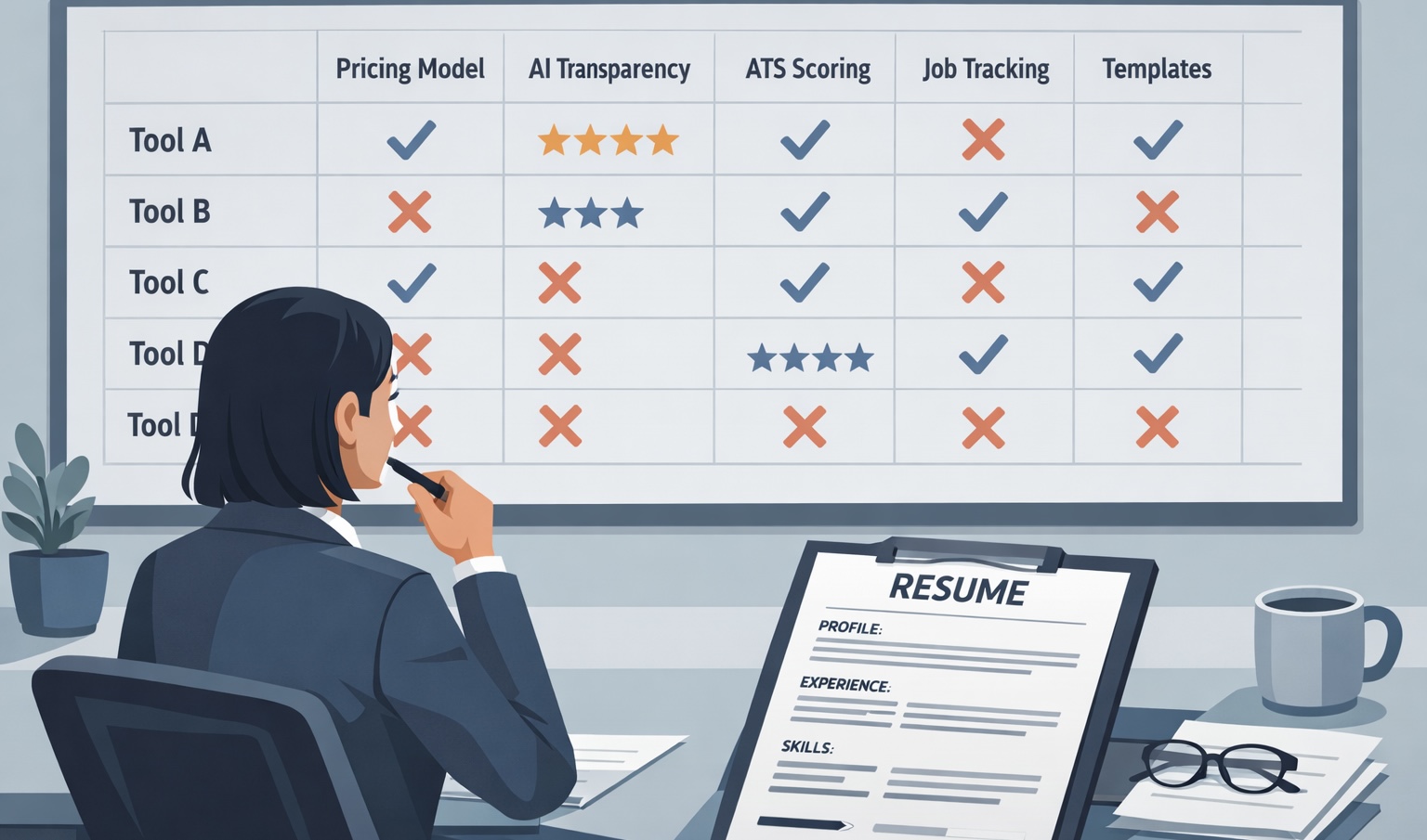 Professional reviewing a comparison chart of resume builder tools showing pricing, AI transparency, ATS scoring, job tracking, and templates.