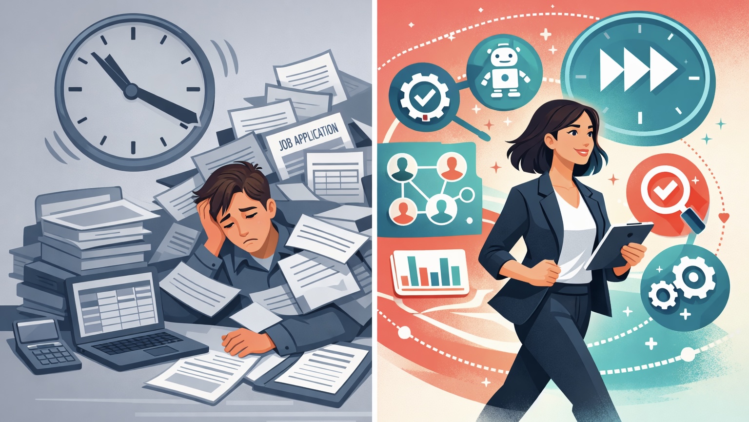 Comparison showing manual job applications causing stress versus automated job search tools improving efficiency and results.