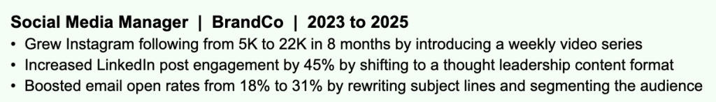 Example of a Social Media Manager resume with strong, results-driven bullet points. Each responsibility is paired with a specific outcome, such as growing Instagram following from 5K to 22K in 8 months, increasing LinkedIn engagement by 45%, and boosting email open rates from 18% to 31%. The numbers give recruiters something concrete to hold onto and clearly show the impact the candidate had in the role