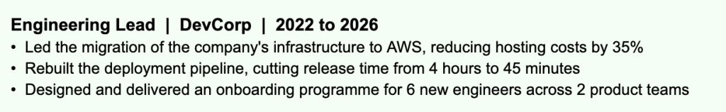 Example of an Engineering Lead resume with strong action verbs and measurable results. Each bullet point starts with a confident verb like Led, Rebuilt, and Designed, and includes a specific outcome such as reducing hosting costs by 35%, cutting release time from 4 hours to 45 minutes, and onboarding 6 new engineers across 2 product teams. The rewrites show clear ownership and make the candidate's impact immediately obvious.