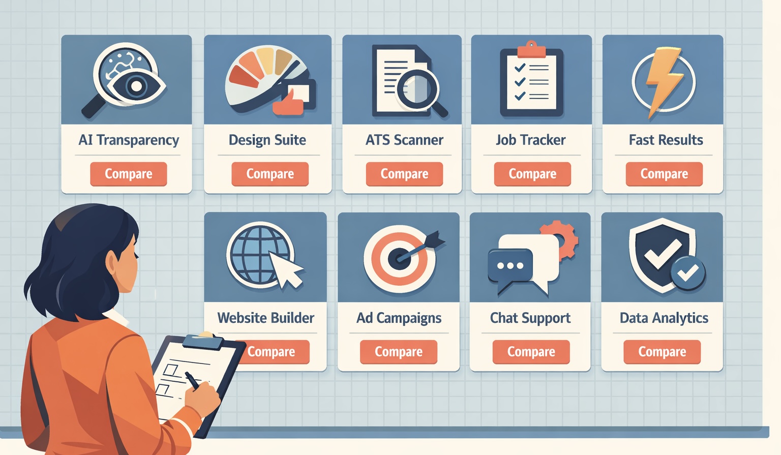 Dashboard showing resume tool features like AI transparency, ATS scanner, job tracker, website builder, analytics, and design suite.