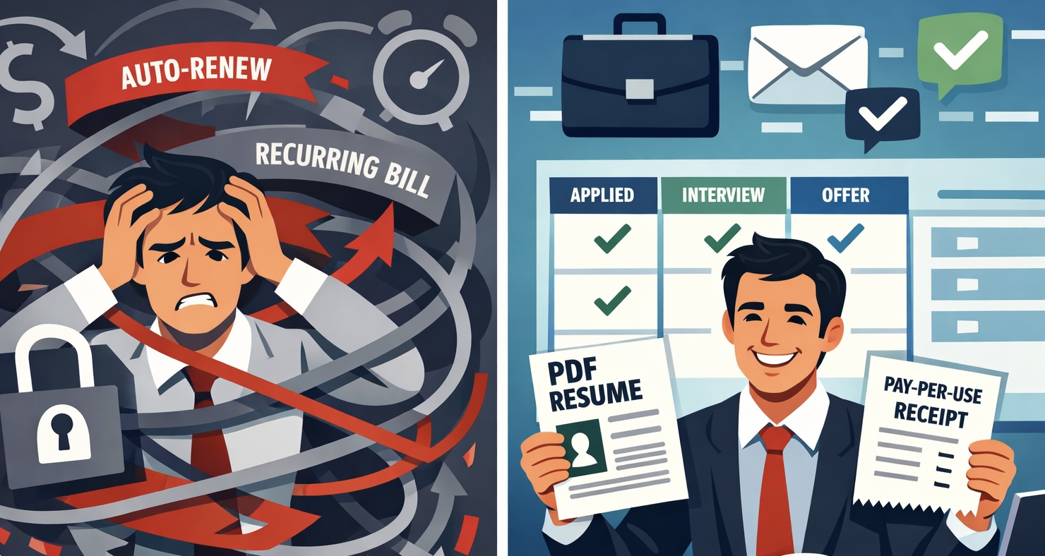 Comparison showing subscription resume tools with auto-renew billing versus pay-per-use resume tools with one-time payment.