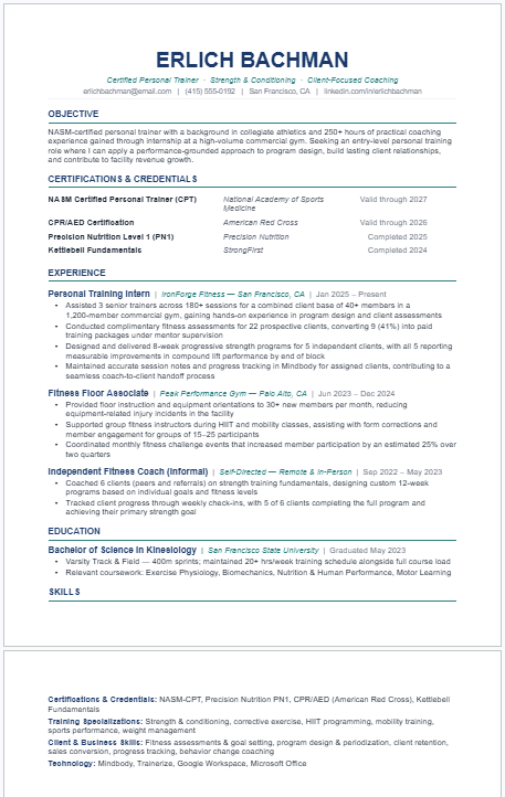 Entry-Level Fitness Industry Expert Resume