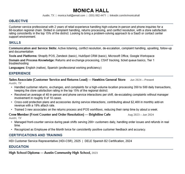 Entry-Level Customer Service Resume Example