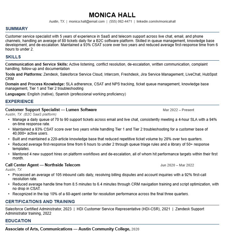 Mid Level Customer Service Resume Example